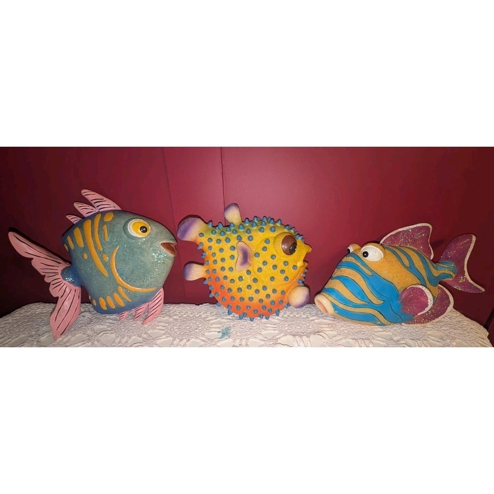 3 Vintage 8-10" 90's Glitter Tropical Sparkle Fish  Wall Decor Ocean Art Large